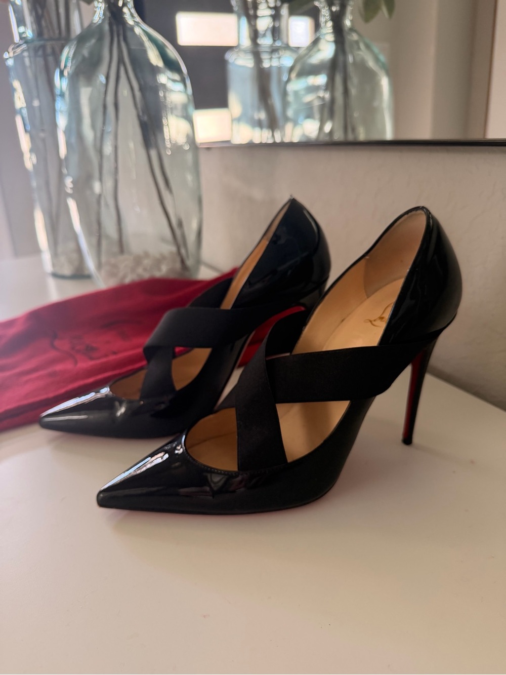 Christian Louboutin Black Patent Cross-Strap Pointed Pumps - Picture 6 of 9